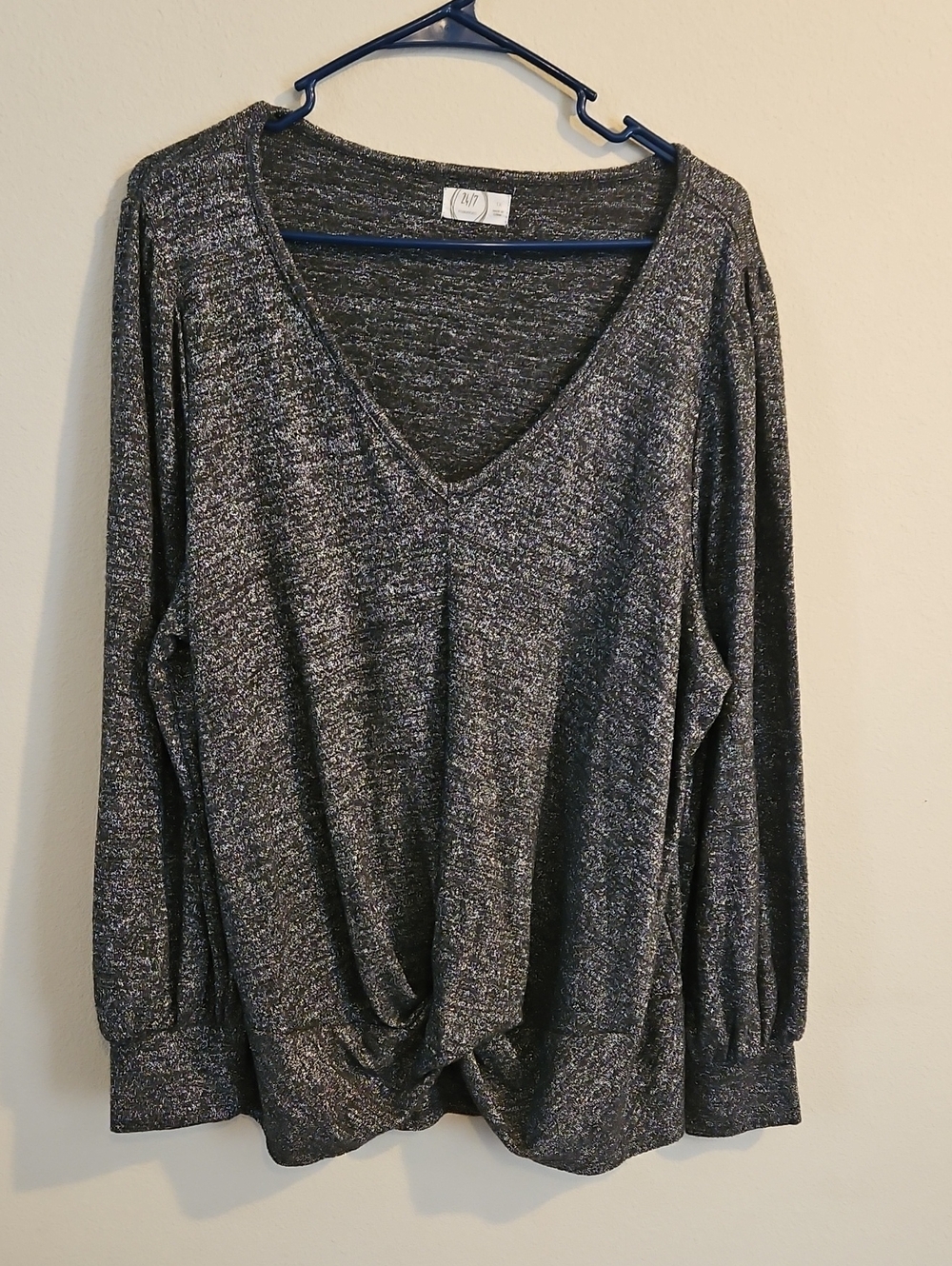 Maurices Silver Metallic V-Neck Long Sleeve Twist-Hem Top